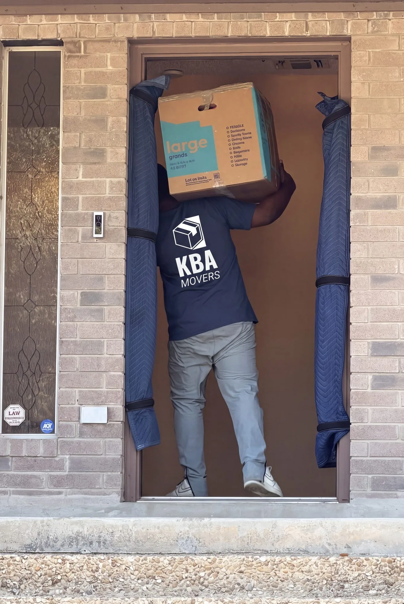 Mover wheeling a blanket-wrapped mattress along a covered walkway